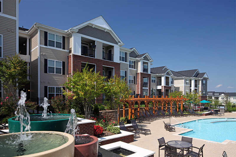 Abberly Village apartments overlooking pool area.