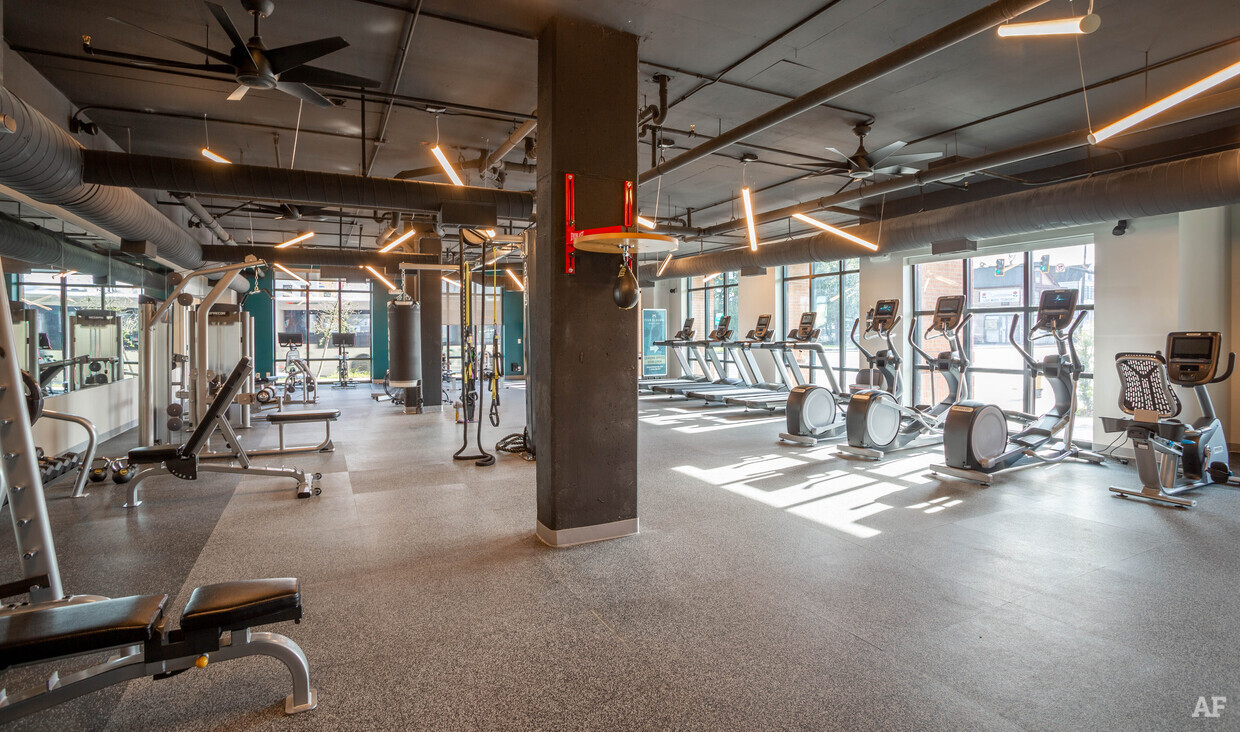 Workout room with boxing, weight lifting and cardio equipment