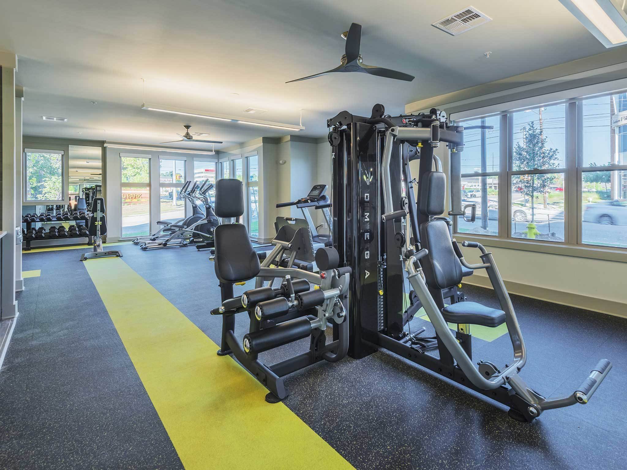 Apartment community 24-hour fitness center with weights, cardio and cable equipment.
